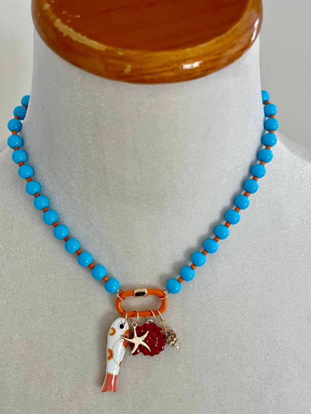Blue Beaded Charm Necklace with Red Enamel Fish